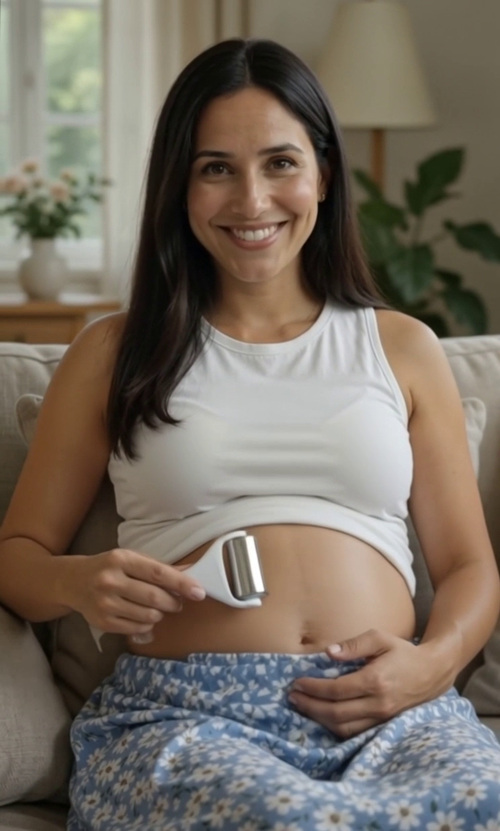 Pregnant woman smiling while using the BumpGlow cooling roller on her belly